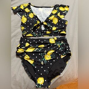Lemon Print Black Bikini Set